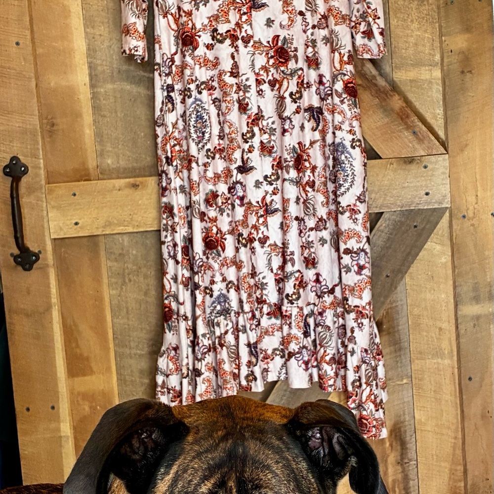 French Floral Long Sleeve Dress with Splashes of Orange & Brown - Picture 4 of 7